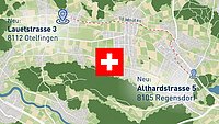 Wegbeschreibung vom neuen Standort in der Schweiz auf grünen Hintergrund