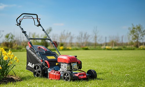 Imagebild Rasenmäher auf grüner Wiese