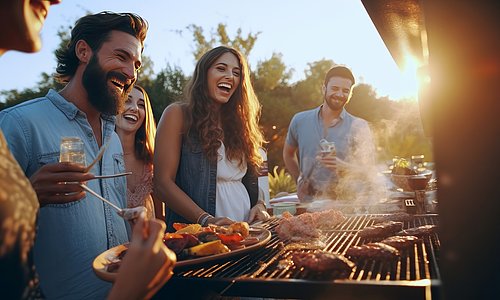 Personen stehen vor einem Grill und grillen